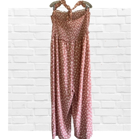 Candie’s Pink and Cream Polka Dot Jumpsuit Smocked Bodice Wide Leg Women’s XL - Picture 5 of 7